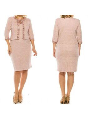 Maya Brooke Two Piece Dress Suit Size 14 Rose Gold Textured Sheath Sequins Lace